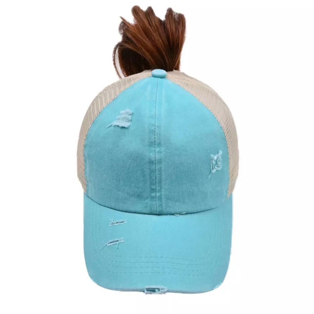 NWT “Perfectly Imperfect”Leather Patch Distressed Ponytail Trucker Hat - Picture 15 of 15
